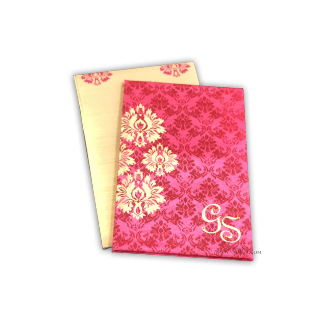 Fuchsia Pink Satin Fabric Hard Cover Custom Traditional Sikh Wedding Invitation Card Damask Print AMH-65 freeshipping - Raniti LLC - Custom Invitations & Stationery