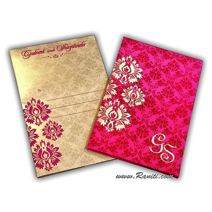 Fuchsia Pink Satin Fabric Hard Cover Custom Traditional Sikh Wedding Invitation Card Damask Print AMH-65 freeshipping - Raniti LLC - Custom Invitations & Stationery