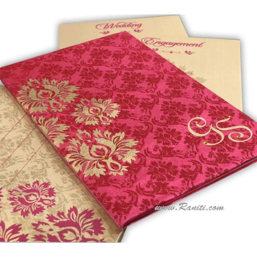 Fuchsia Pink Satin Fabric Hard Cover Custom Traditional Sikh Wedding Invitation Card Damask Print AMH-65 freeshipping - Raniti LLC - Custom Invitations & Stationery