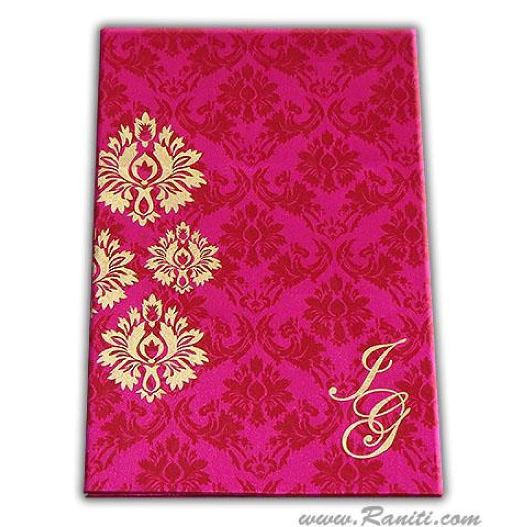 Fuchsia Pink Satin Fabric Hard Cover Custom Traditional Sikh Wedding Invitation Card Damask Print AMH-65 freeshipping - Raniti LLC - Custom Invitations & Stationery