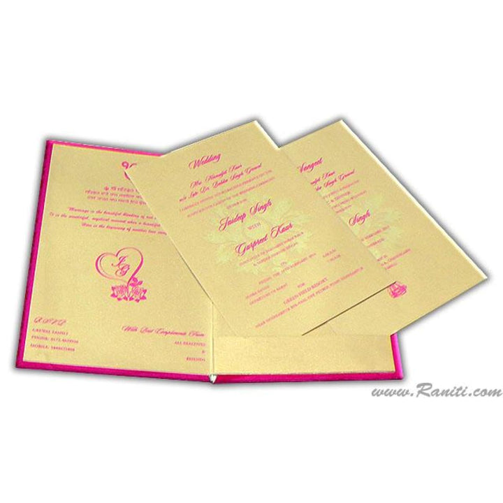 Fuchsia Pink Satin Fabric Hard Cover Custom Traditional Sikh Wedding Invitation Card Damask Print AMH-65 freeshipping - Raniti LLC - Custom Invitations & Stationery