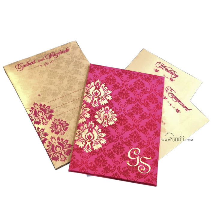 Fuchsia Pink Satin Fabric Hard Cover Custom Traditional Sikh Wedding Invitation Card Damask Print AMH-65 freeshipping - Raniti LLC - Custom Invitations & Stationery