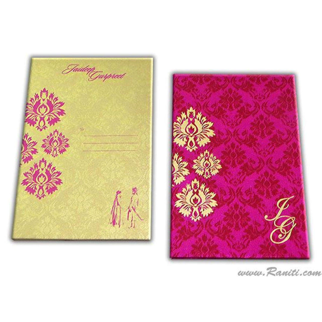 Fuchsia Pink Satin Fabric Hard Cover Custom Traditional Sikh Wedding Invitation Card Damask Print AMH-65 freeshipping - Raniti LLC - Custom Invitations & Stationery