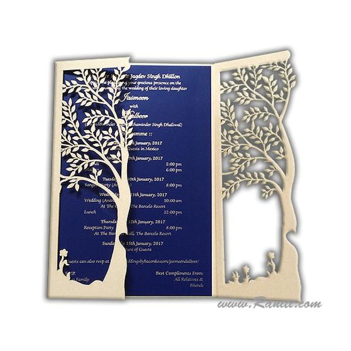 Gatefold Tree Design Laser Cut Golden and Blue Custom Invitation Card with Cascading Inserts AML-194 freeshipping - Raniti LLC - Custom Invitations & Stationery