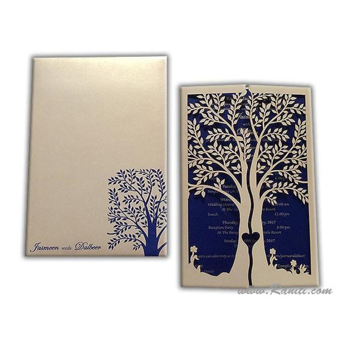 Gatefold Tree Design Laser Cut Golden and Blue Custom Invitation Card with Cascading Inserts AML-194 freeshipping - Raniti LLC - Custom Invitations & Stationery