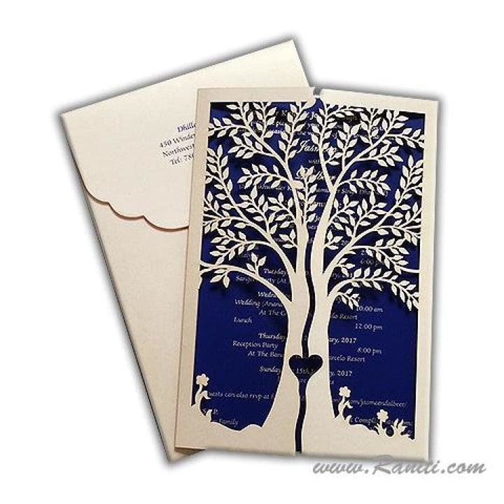 Gatefold Tree Design Laser Cut Golden and Blue Custom Invitation Card with Cascading Inserts AML-194 freeshipping - Raniti LLC - Custom Invitations & Stationery