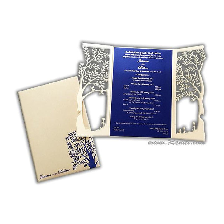 Gatefold Tree Design Laser Cut Golden and Blue Custom Invitation Card with Cascading Inserts AML-194 freeshipping - Raniti LLC - Custom Invitations & Stationery