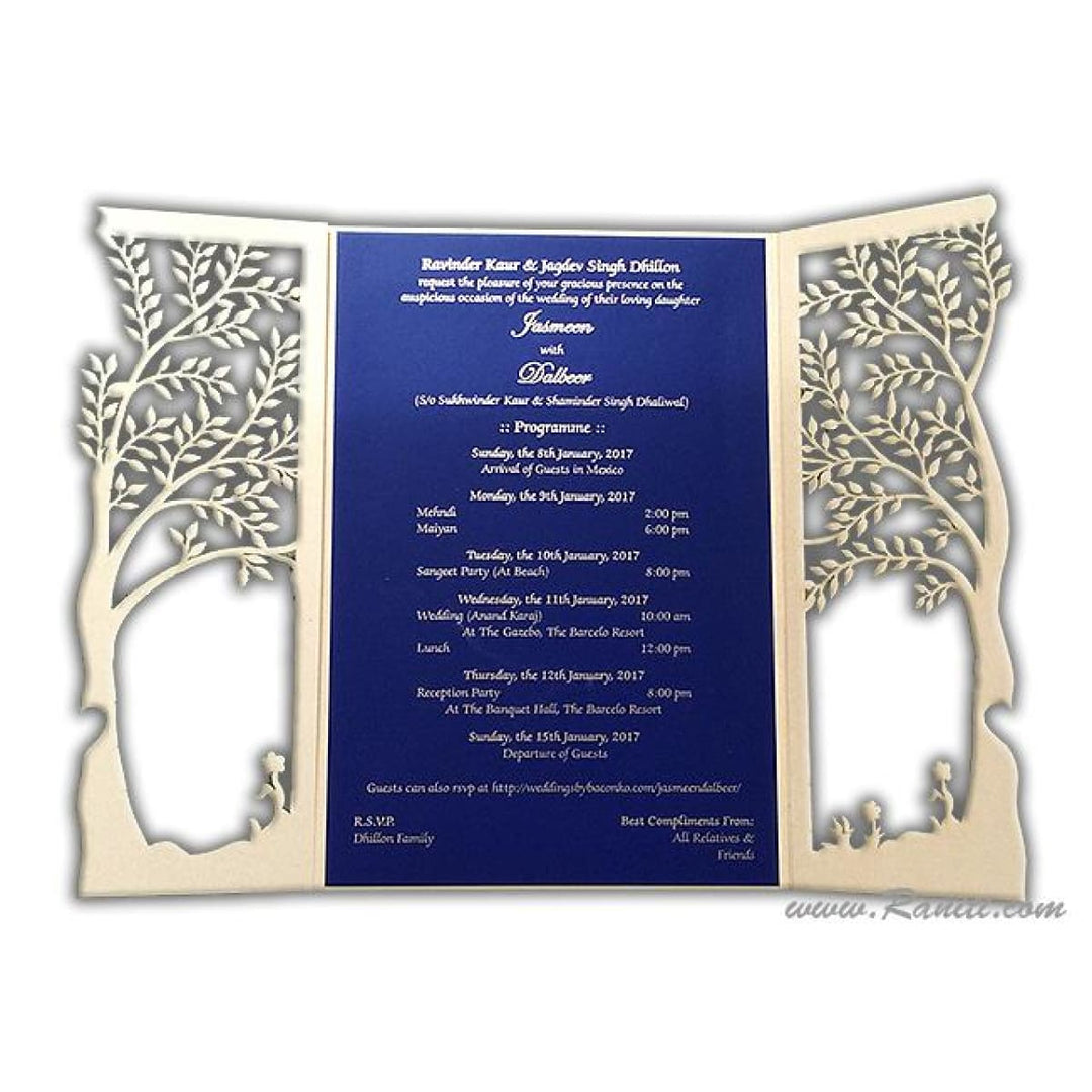 Gatefold Tree Design Laser Cut Golden and Blue Custom Invitation Card with Cascading Inserts AML-194 freeshipping - Raniti LLC - Custom Invitations & Stationery