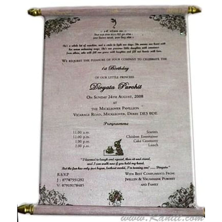 Girl 1st Birthday Royal Scroll Invitation Card AMSC-3 freeshipping - Raniti LLC - Custom Invitations & Stationery