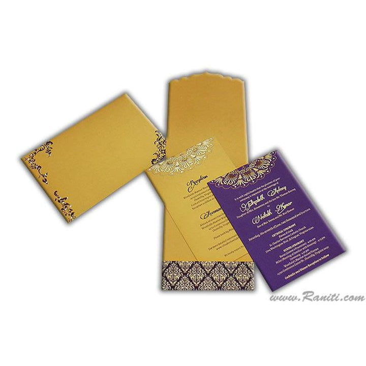 Gold and Purple Two Fold Vertical Custom Invitation Card, Portrait Wedding Invitation Card with Lasercut Initials and Multiple Inserts AML-115 freeshipping - Raniti LLC - Custom Invitations & Stationery