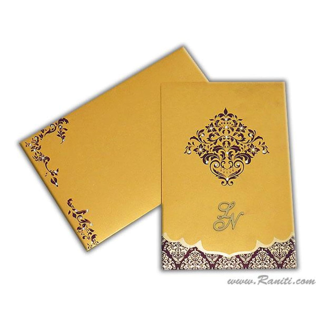 Gold and Purple Two Fold Vertical Custom Invitation Card, Portrait Wedding Invitation Card with Lasercut Initials and Multiple Inserts AML-115 freeshipping - Raniti LLC - Custom Invitations & Stationery