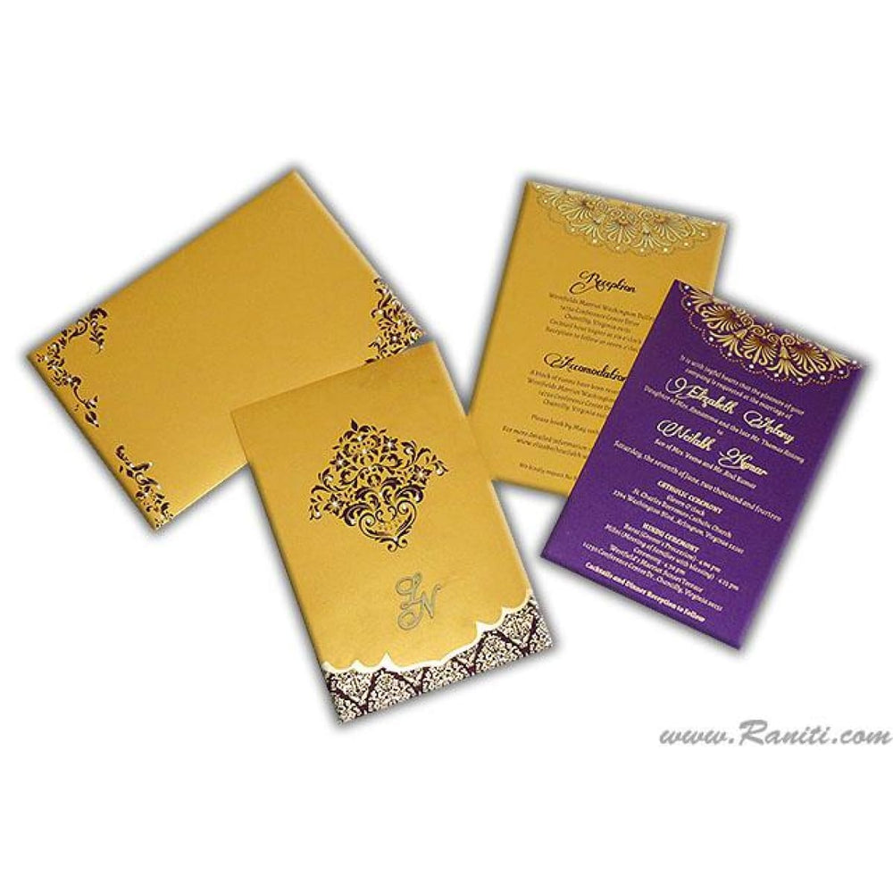 Gold and Purple Two Fold Vertical Custom Invitation Card, Portrait Wedding Invitation Card with Lasercut Initials and Multiple Inserts AML-115 freeshipping - Raniti LLC - Custom Invitations & Stationery