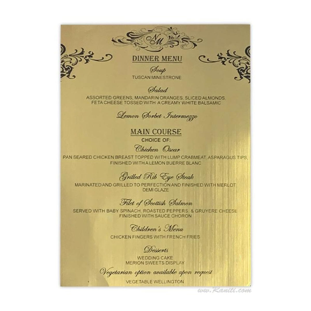 Gold Color Wedding Reception Menu Card | Simple Flat Menu Card for Reception Dinner AMMC-4 freeshipping - Raniti LLC - Custom Invitations & Stationery