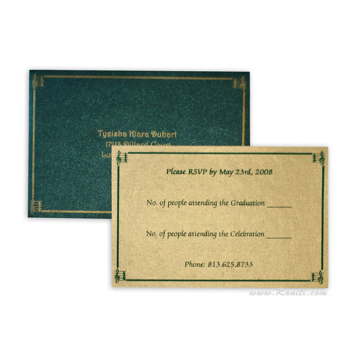 Graduation Party RSVP Custom Reply Card with Envelope | RSVP Card | Wedding Invitation RSVP Card Green and Gold RT-22 freeshipping - Raniti LLC - Custom Invitations & Stationery