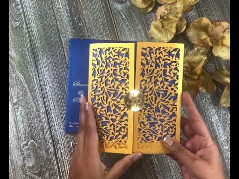 Laser Cut Blue Golden Wedding Custom Gatefold Invitation Card with Gold Mirror Etched Monogram ACD-1