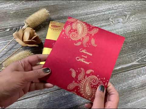 Paisley Theme Red Satin Fabric Custom Nikkah Wedding Invitation Card AM-320