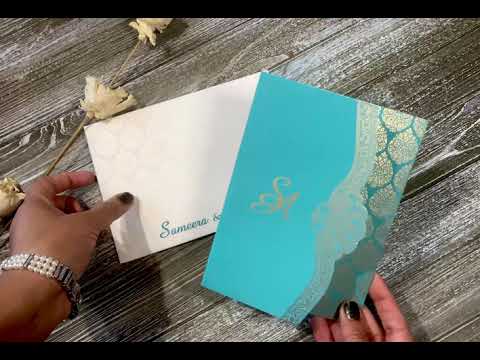 Trifold His and Her Teal and White Custom Invitation Card, Bride & Groom Invitation AM-388