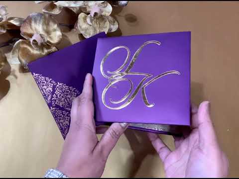 Classic Square 6x6 Purple Golden Hard Cover Custom Invitation Card Embossed Initials AMH-194