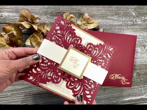 Laser Cut Maroon Gate Fold Belly Band Custom Invitation Card AML-162