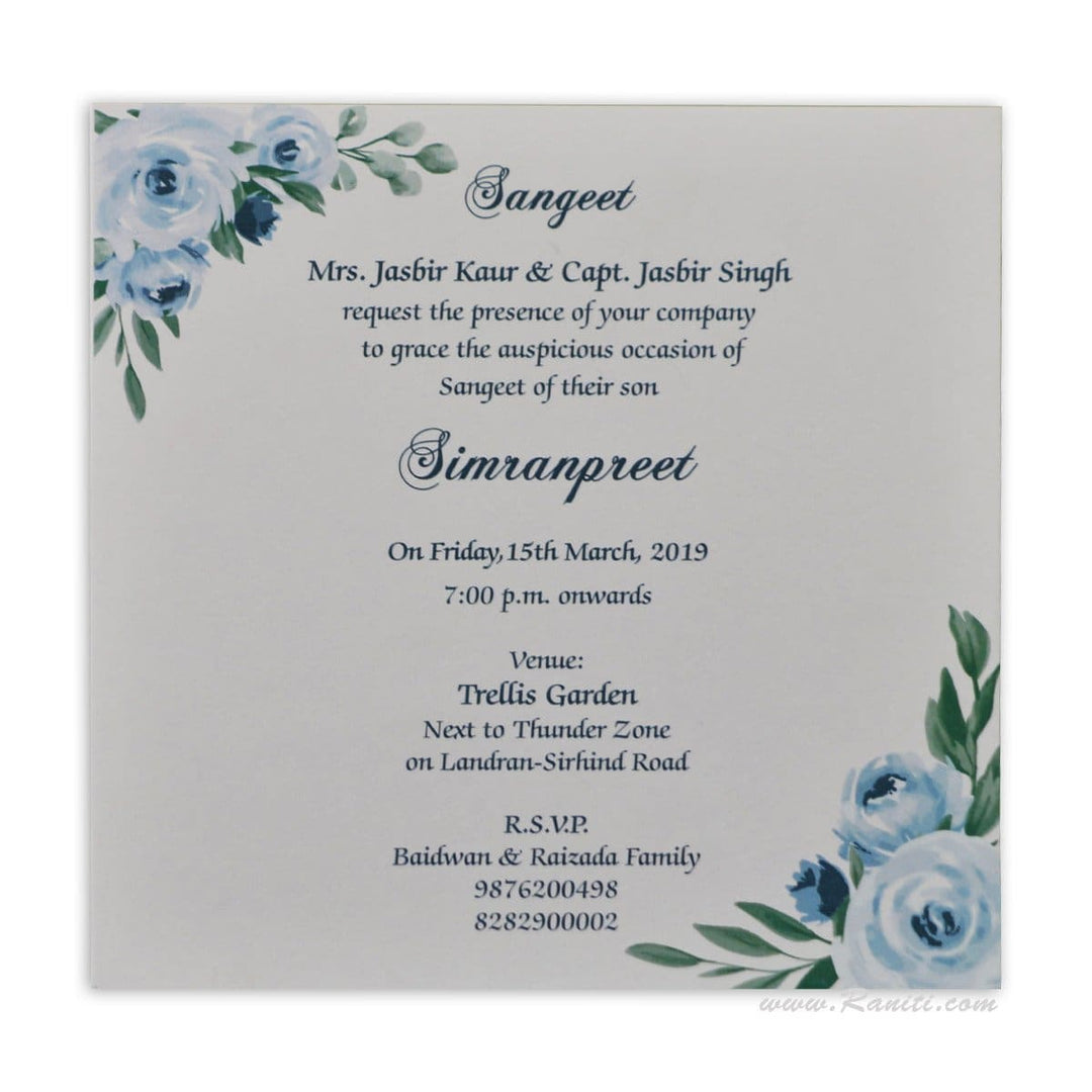 Ice Blue Sangeet Ceremony Invitation | Ice Blue Wedding Ceremony Invitation | Interfaith Wedding | Floral Theme Wedding Sangeet Custom Invitation Card AMSO-280 freeshipping - Raniti LLC - Custom Invitations & Stationery