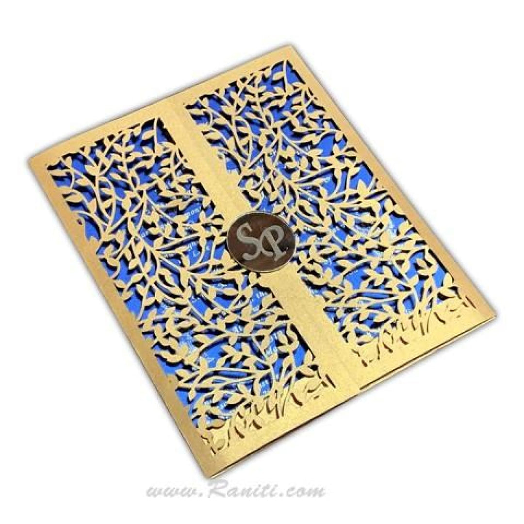 Laser Cut Blue Golden Wedding Custom Gatefold Invitation Card with Gold Mirror Etched Monogram ACD-1 freeshipping - Raniti LLC - Custom Invitations & Stationery