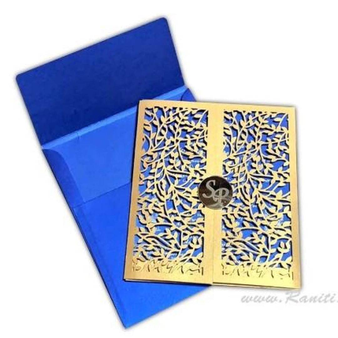 Laser Cut Blue Golden Wedding Custom Gatefold Invitation Card with Gold Mirror Etched Monogram ACD-1 freeshipping - Raniti LLC - Custom Invitations & Stationery