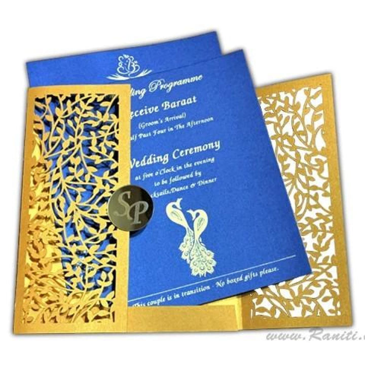 Laser Cut Blue Golden Wedding Custom Gatefold Invitation Card with Gold Mirror Etched Monogram ACD-1 freeshipping - Raniti LLC - Custom Invitations & Stationery