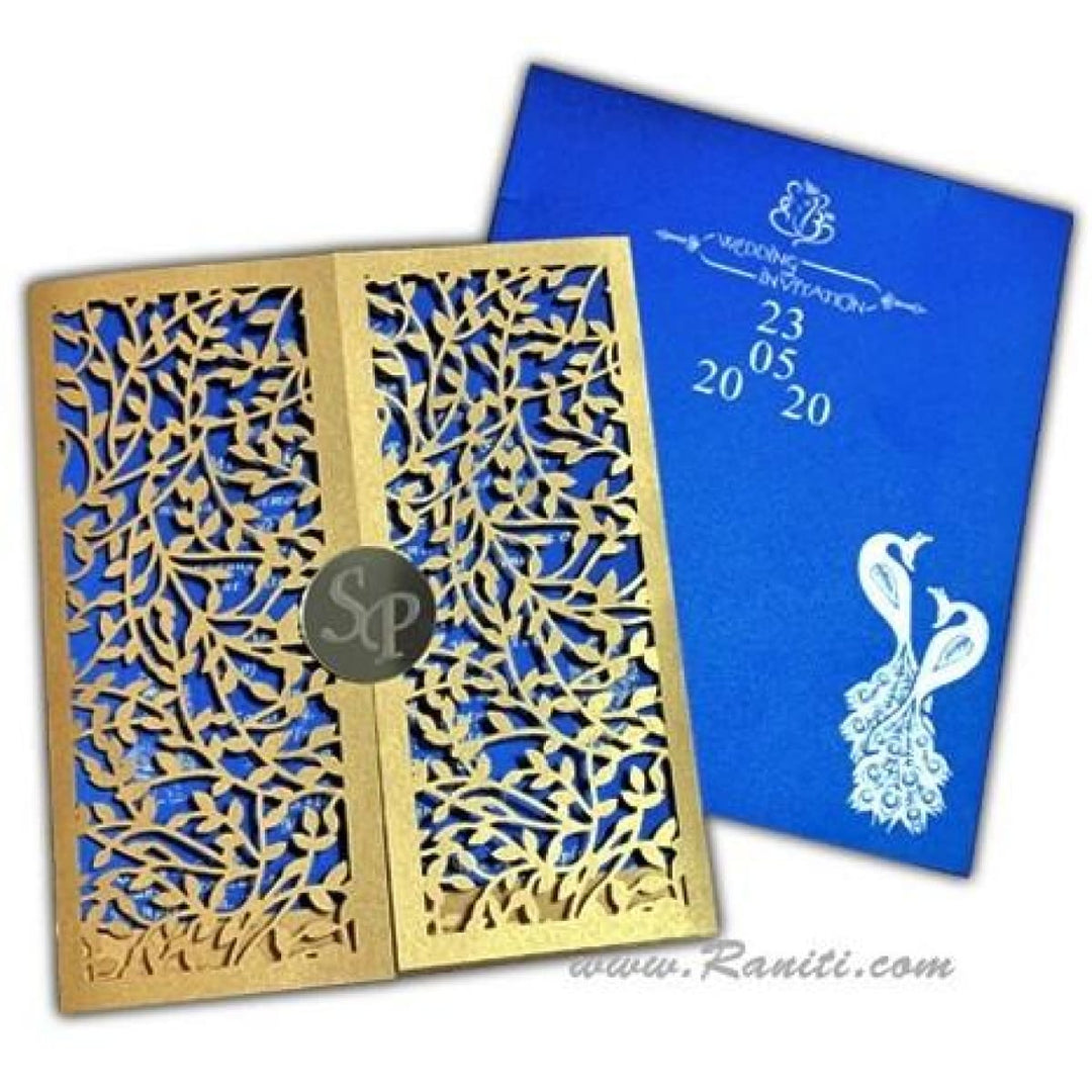 Laser Cut Blue Golden Wedding Custom Gatefold Invitation Card with Gold Mirror Etched Monogram ACD-1 freeshipping - Raniti LLC - Custom Invitations & Stationery