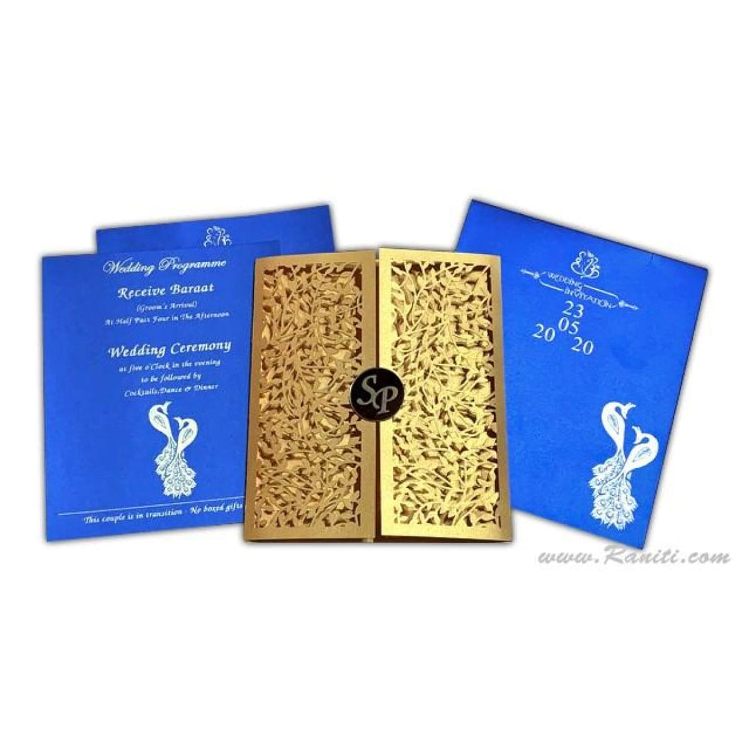 Laser Cut Blue Golden Wedding Custom Gatefold Invitation Card with Gold Mirror Etched Monogram ACD-1 freeshipping - Raniti LLC - Custom Invitations & Stationery