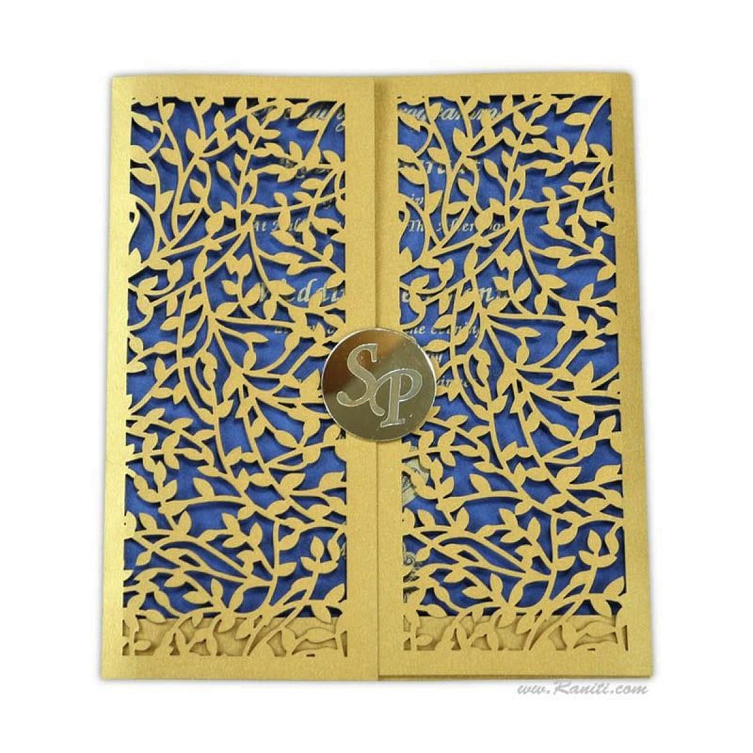 Laser Cut Blue Golden Wedding Custom Gatefold Invitation Card with Gold Mirror Etched Monogram ACD-1 freeshipping - Raniti LLC - Custom Invitations & Stationery