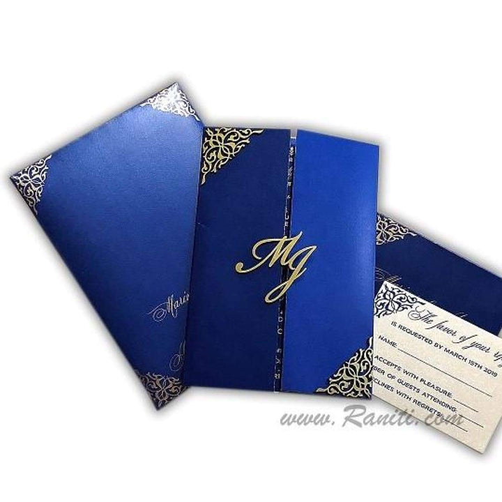 Laser Cut Gatefold Blue Gold Custom Classic Invitation Card AML-12 freeshipping - Raniti LLC - Custom Invitations & Stationery