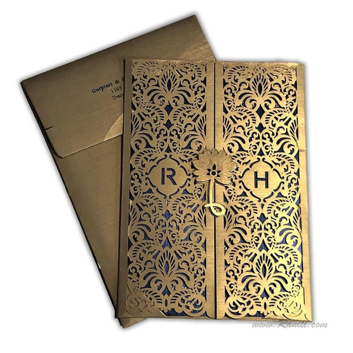 Laser Cut Golden Gate Fold Custom Invitation Card with Blue Cascading Inserts AML-391 freeshipping - Raniti LLC - Custom Invitations & Stationery