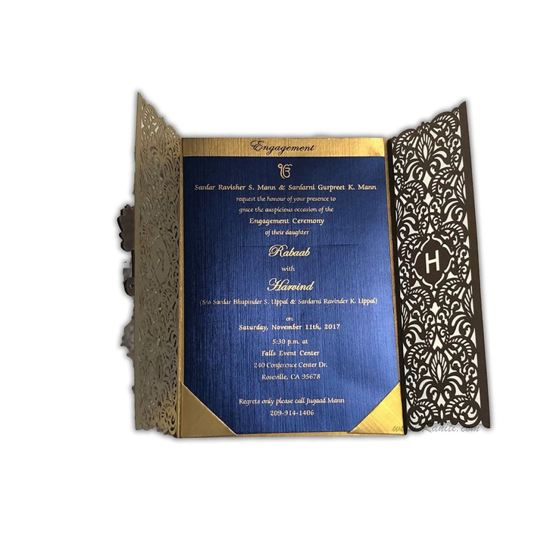 Laser Cut Golden Gate Fold Custom Invitation Card with Blue Cascading Inserts AML-391 freeshipping - Raniti LLC - Custom Invitations & Stationery