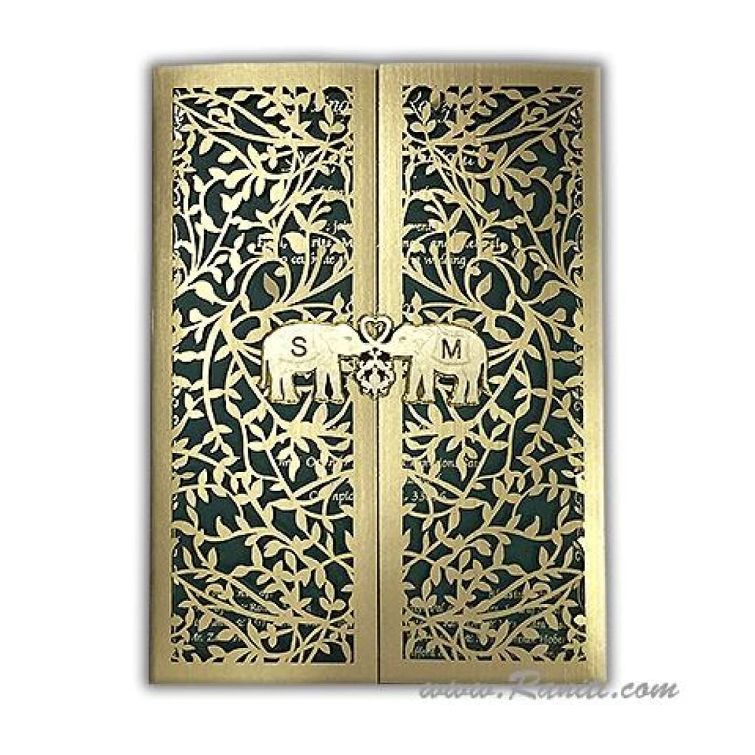 Laser Cut Golden Twin Elephant Clasp Gate Fold Custom Invitation Card with Cascading Inserts AML-238 freeshipping - Raniti LLC - Custom Invitations & Stationery