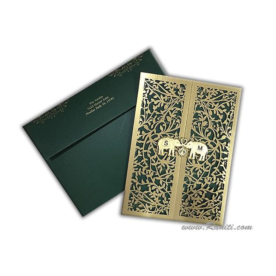 Laser Cut Golden Twin Elephant Clasp Gate Fold Custom Invitation Card with Cascading Inserts AML-238 freeshipping - Raniti LLC - Custom Invitations & Stationery