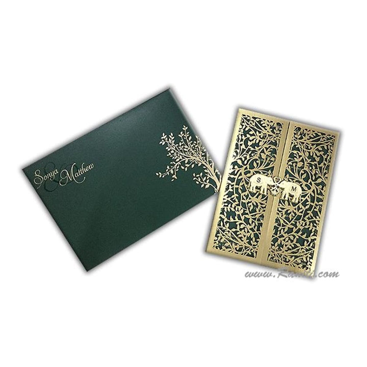 Laser Cut Golden Twin Elephant Clasp Gate Fold Custom Invitation Card with Cascading Inserts AML-238 freeshipping - Raniti LLC - Custom Invitations & Stationery