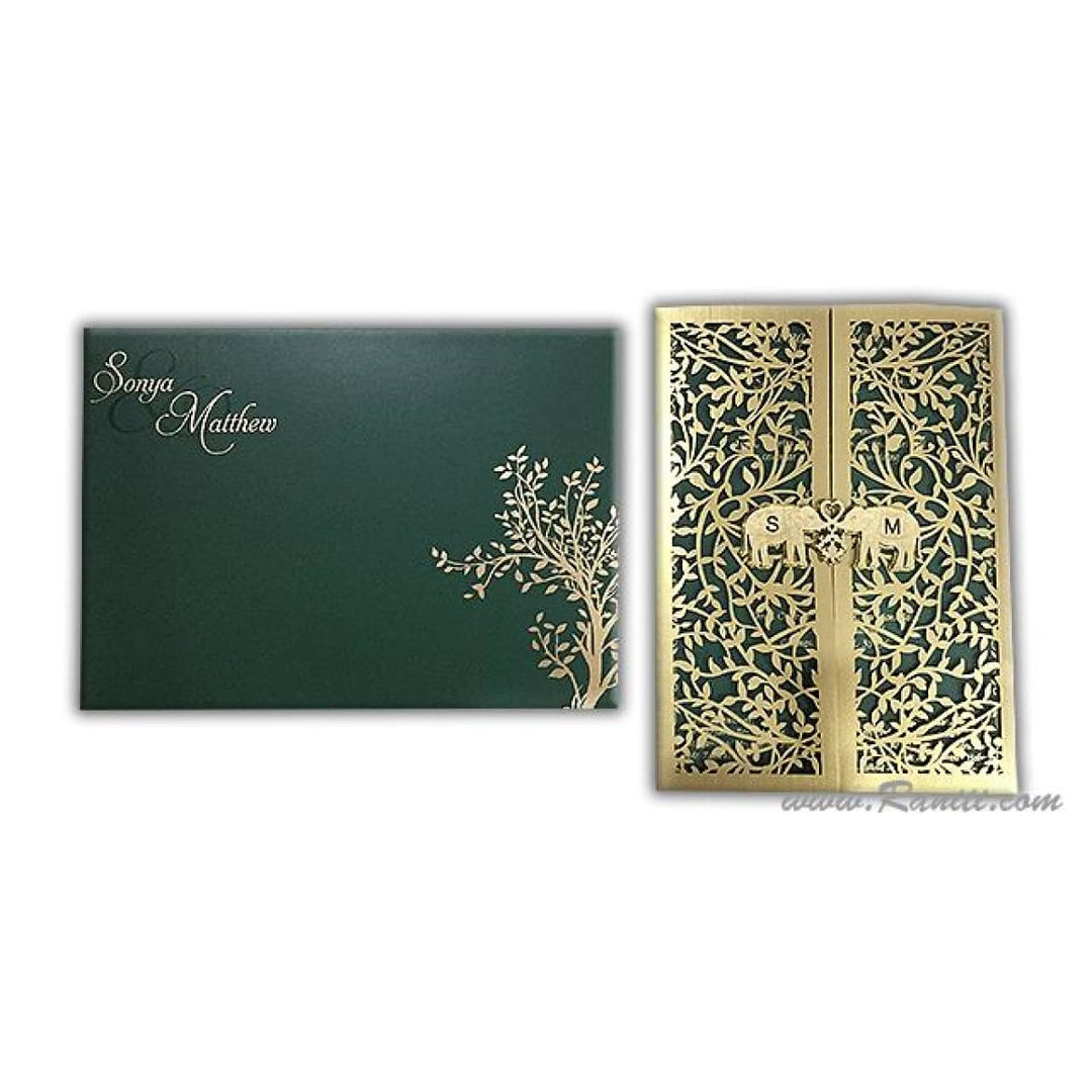 Laser Cut Golden Twin Elephant Clasp Gate Fold Custom Invitation Card with Cascading Inserts AML-238 freeshipping - Raniti LLC - Custom Invitations & Stationery