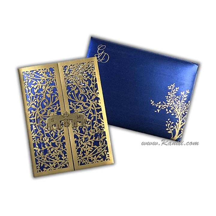 Laser Cut Golden Twin Elephant Clasp Gate Fold Custom Invitation Card with Cascading Inserts AML-238 freeshipping - Raniti LLC - Custom Invitations & Stationery