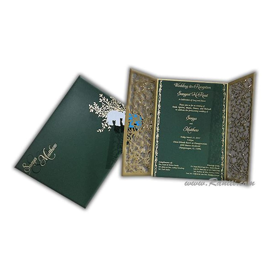 Laser Cut Golden Twin Elephant Clasp Gate Fold Custom Invitation Card with Cascading Inserts AML-238 freeshipping - Raniti LLC - Custom Invitations & Stationery