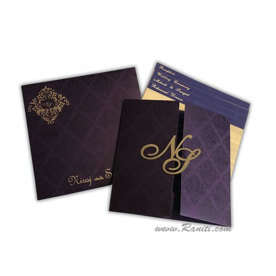 Laser Cut initials, His and Her Purple Gatefold Custom Invitation Card, Bride & Groom Invitation Set AML-405 freeshipping - Raniti LLC - Custom Invitations & Stationery