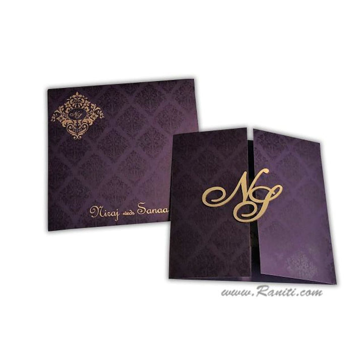 Laser Cut initials, His and Her Purple Gatefold Custom Invitation Card, Bride & Groom Invitation Set AML-405 freeshipping - Raniti LLC - Custom Invitations & Stationery