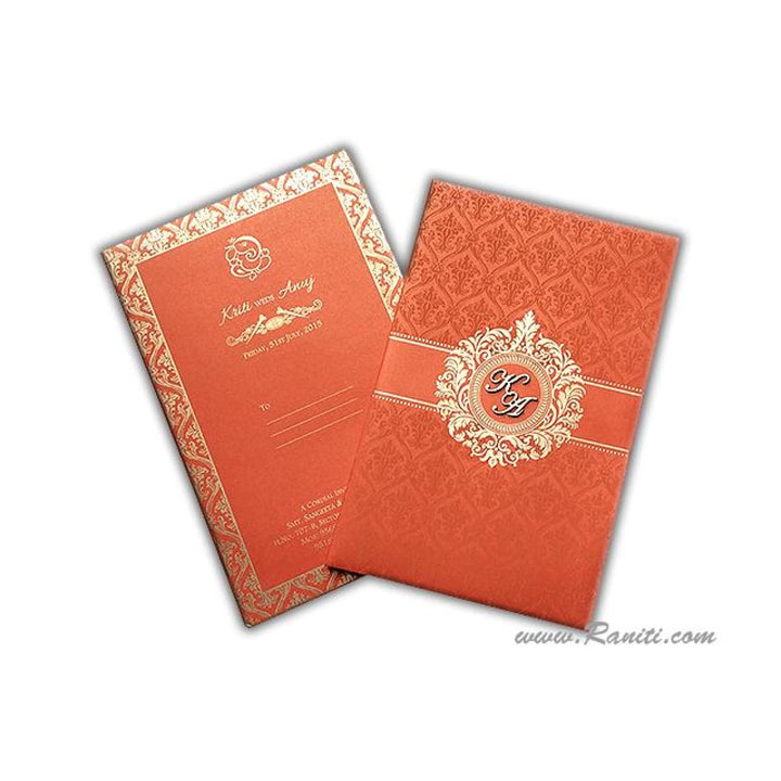 Laser Cut Initials Orange and Gold Portrait Hard Cover Custom Invitation Card AMHL-11 freeshipping - Raniti LLC - Custom Invitations & Stationery