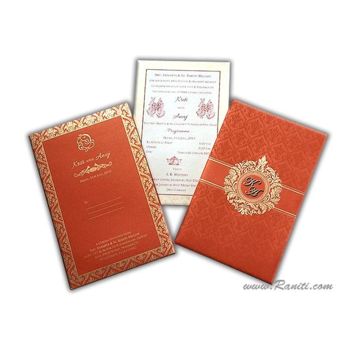 Laser Cut Initials Orange and Gold Portrait Hard Cover Custom Invitation Card AMHL-11 freeshipping - Raniti LLC - Custom Invitations & Stationery