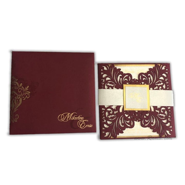 Laser Cut Maroon Gate Fold Belly Band Custom Invitation Card AML-162 freeshipping - Raniti LLC - Custom Invitations & Stationery