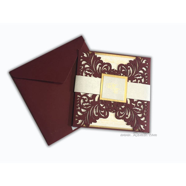 Laser Cut Maroon Gate Fold Belly Band Custom Invitation Card AML-162 freeshipping - Raniti LLC - Custom Invitations & Stationery