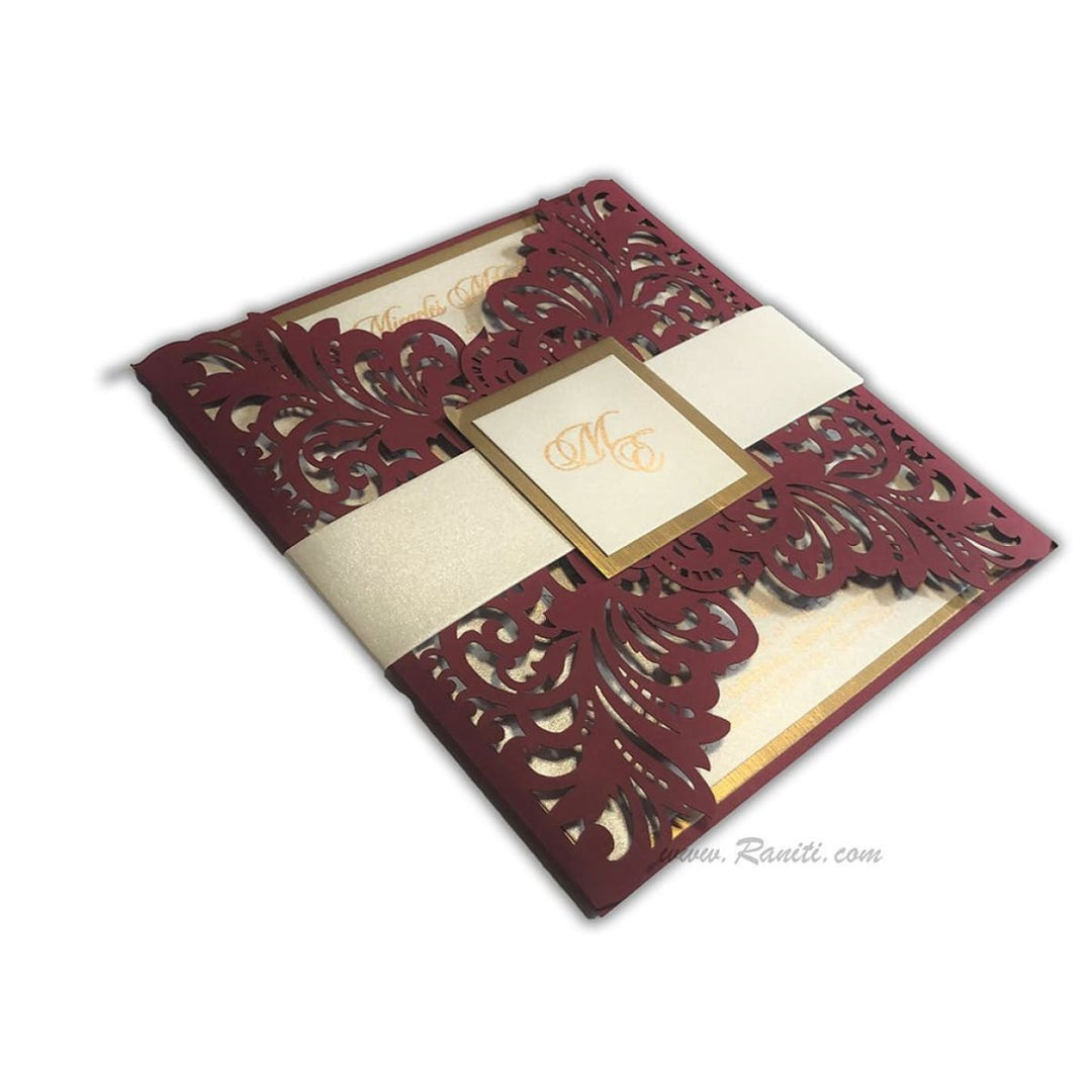 Laser Cut Maroon Gate Fold Belly Band Custom Invitation Card AML-162 freeshipping - Raniti LLC - Custom Invitations & Stationery