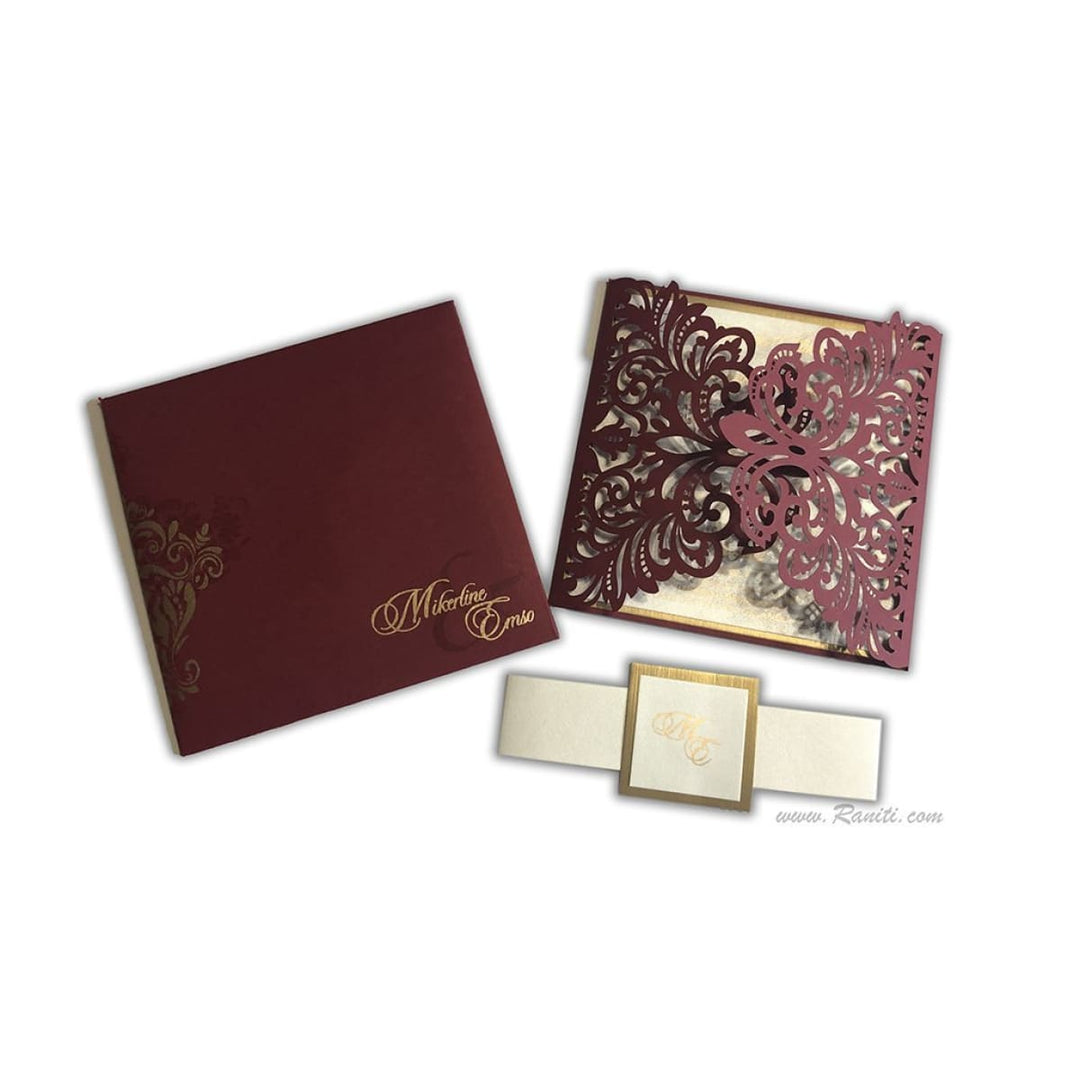 Laser Cut Maroon Gate Fold Belly Band Custom Invitation Card AML-162 freeshipping - Raniti LLC - Custom Invitations & Stationery