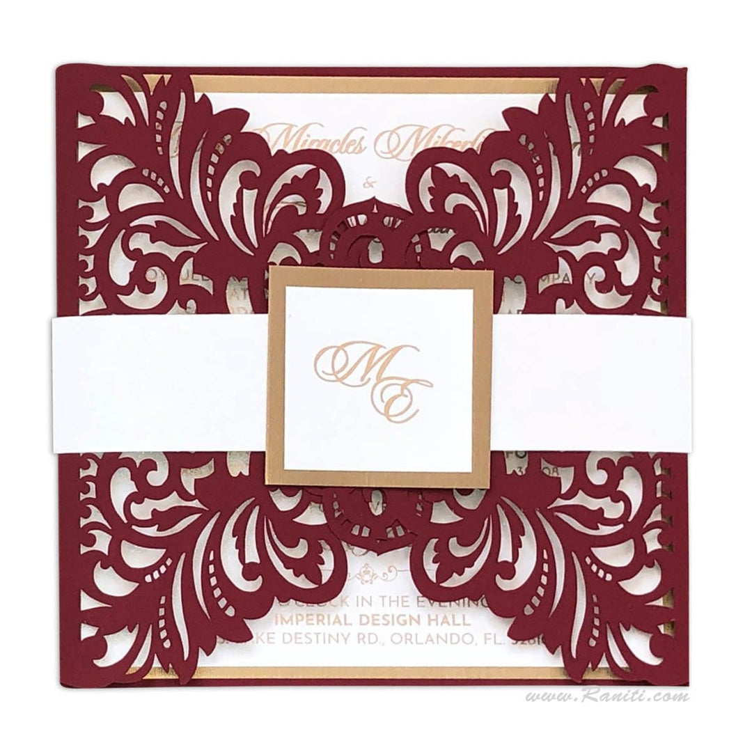 Laser Cut Maroon Gate Fold Belly Band Custom Invitation Card AML-162 freeshipping - Raniti LLC - Custom Invitations & Stationery