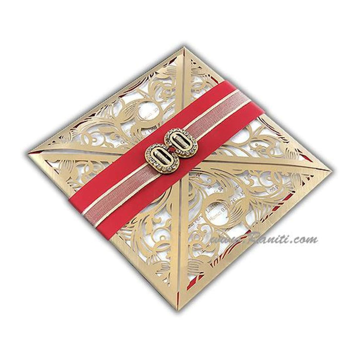 Laser Cut Red Four Fold Opening Custom Luxury Invitation with Belly Band, Crystal Embellishment and Multiple Inserts AML-327 freeshipping - Raniti LLC - Custom Invitations & Stationery