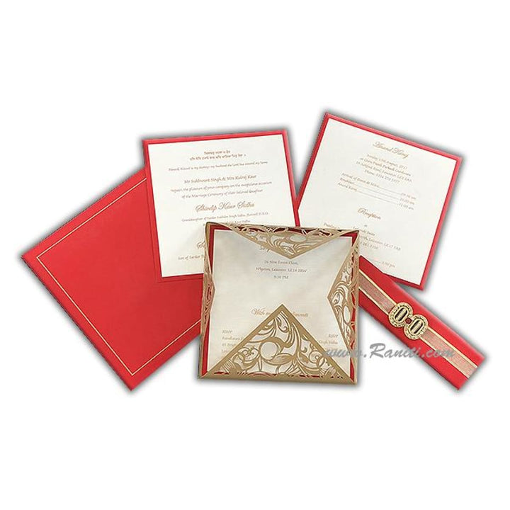 Laser Cut Red Four Fold Opening Custom Luxury Invitation with Belly Band, Crystal Embellishment and Multiple Inserts AML-327 freeshipping - Raniti LLC - Custom Invitations & Stationery